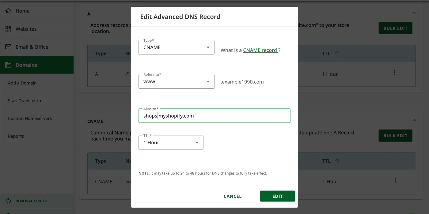 Network Solutions DNS management interface showing Account Settings and Domains section