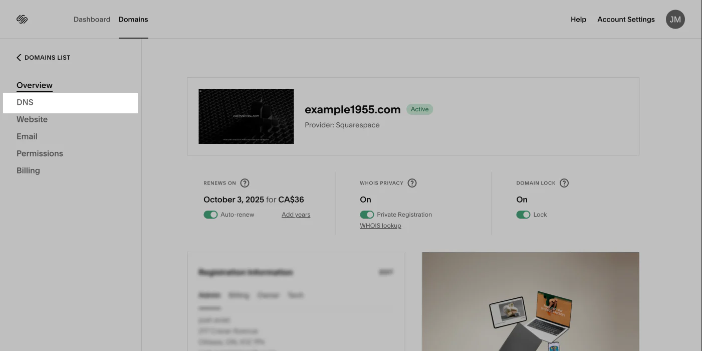 Squarespace DNS management interface showing Account Settings and Domains section