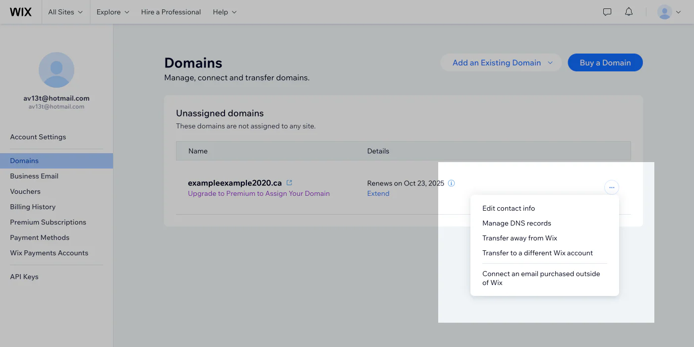 Wix DNS management interface showing Account Settings and Domains section