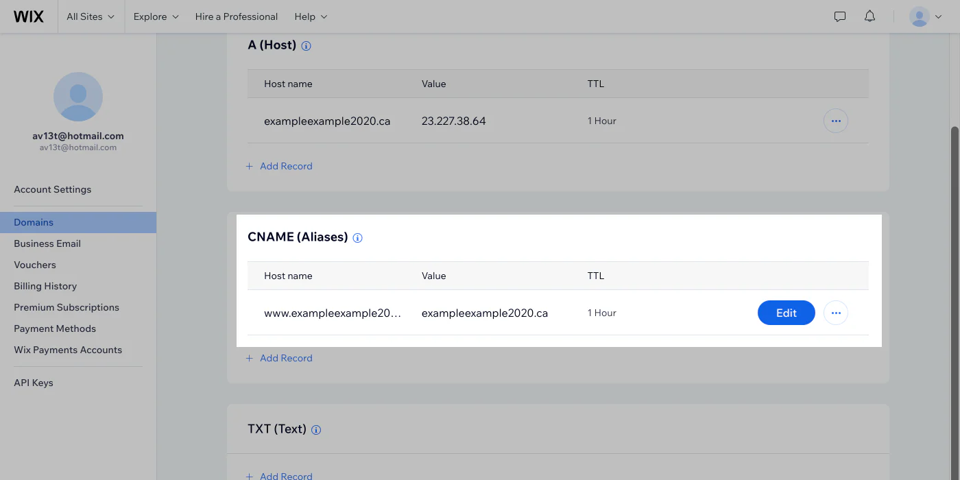 Wix DNS management interface showing Account Settings and Domains section