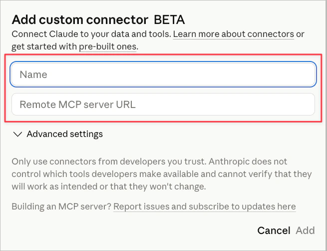 Claude custom connector dialog with Name and Remote MCP server URL fields