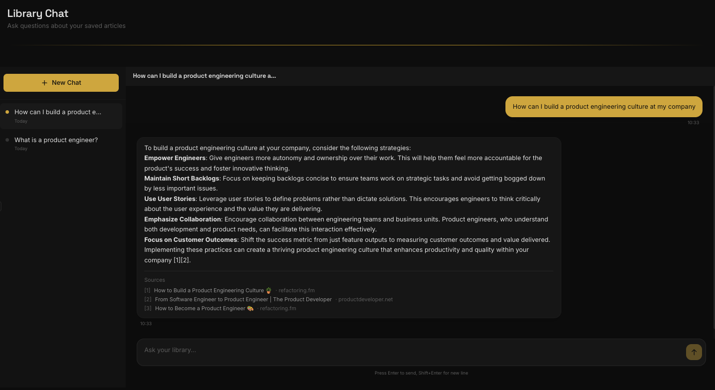 Chat interface showing a conversation with source citations