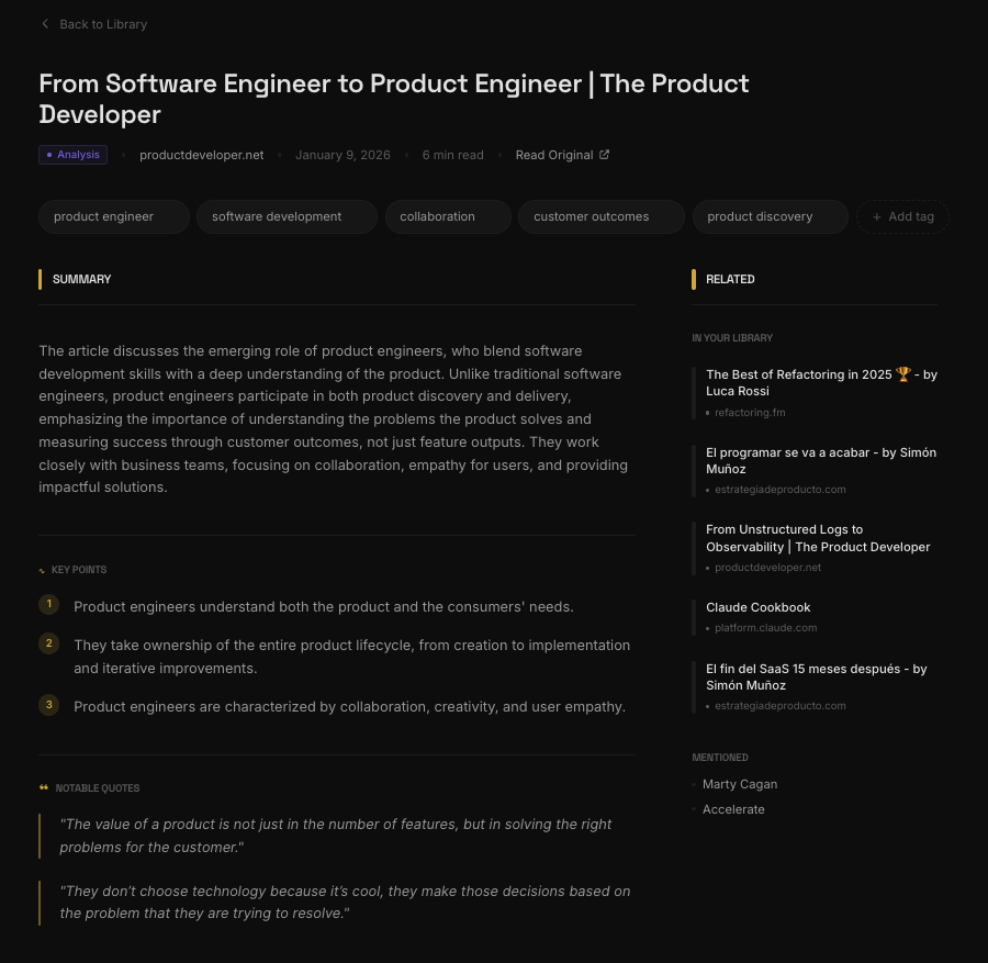 Article detail view showing summary, key points, quotes, and related articles