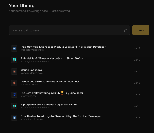 Resona library view showing saved articles