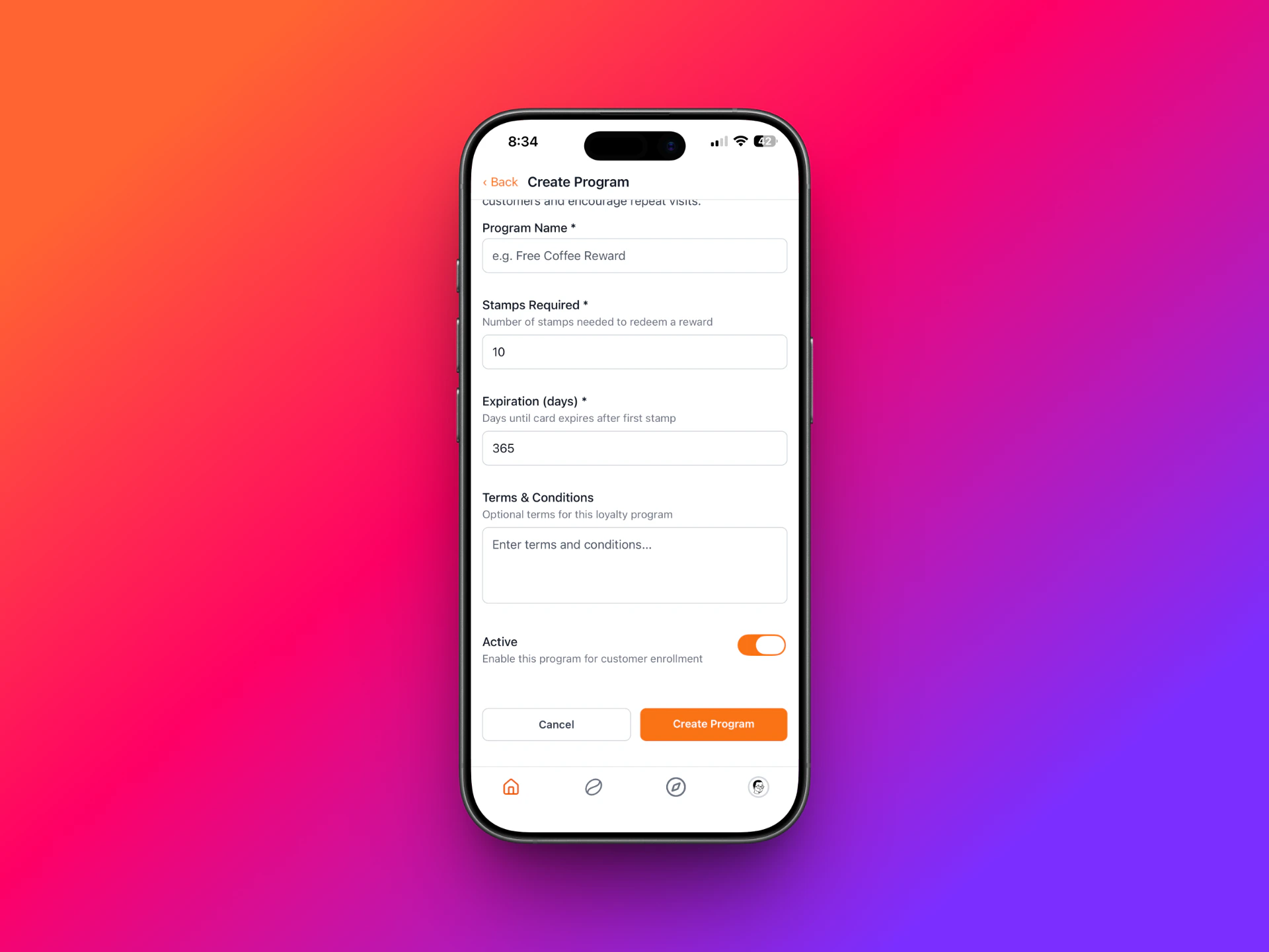 Form for creating a new loyalty program in the app