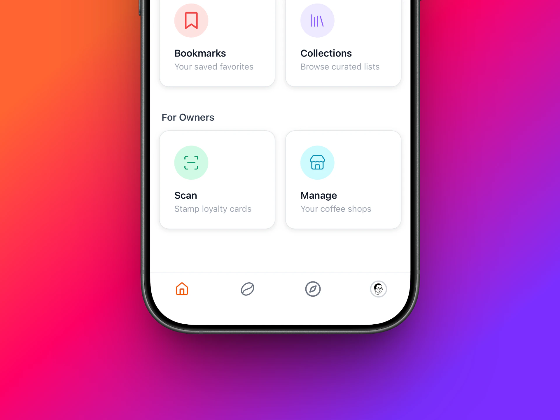 Home tab in the app with the Scan menu