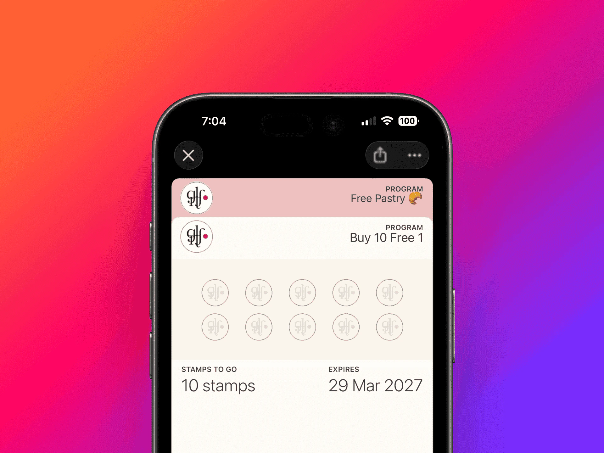 Loyalty card in Apple Wallet showing stamp progress