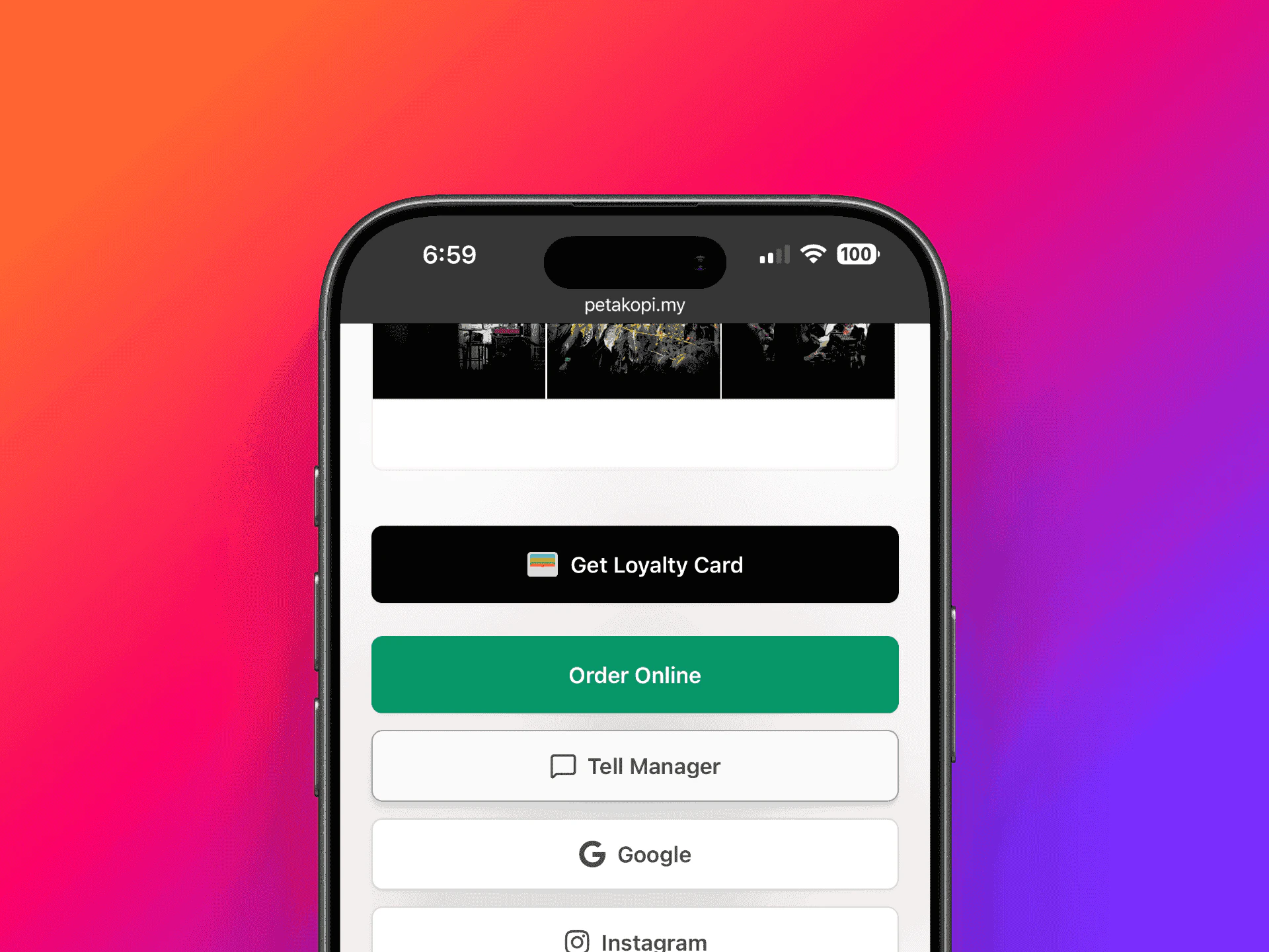 Get Loyalty Card button shown on a coffee shop page in mobile browser