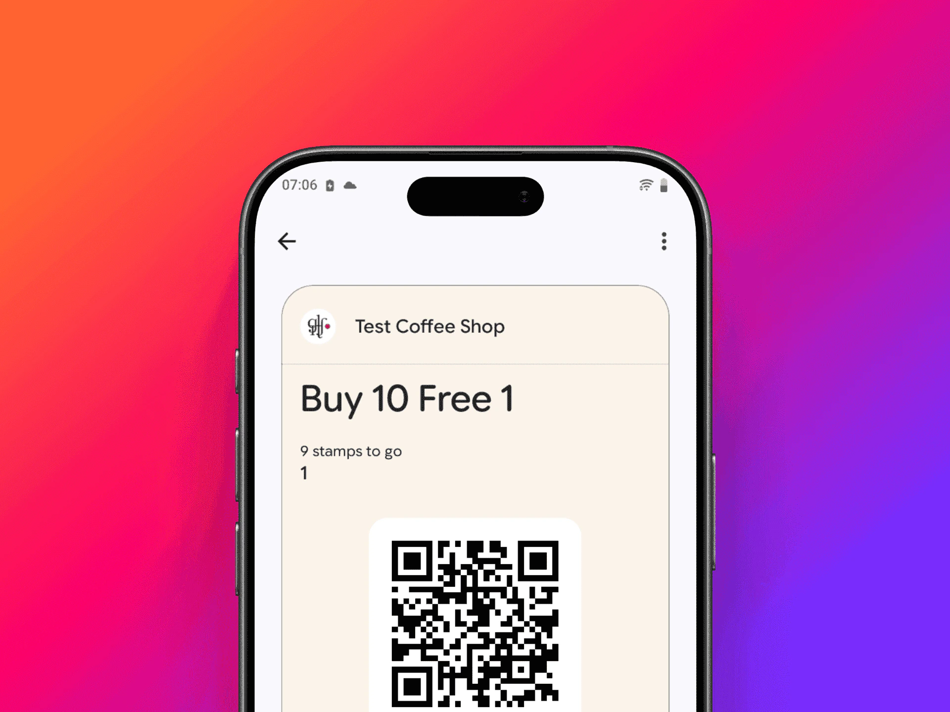Loyalty card in Google Wallet showing stamp progress and QR code