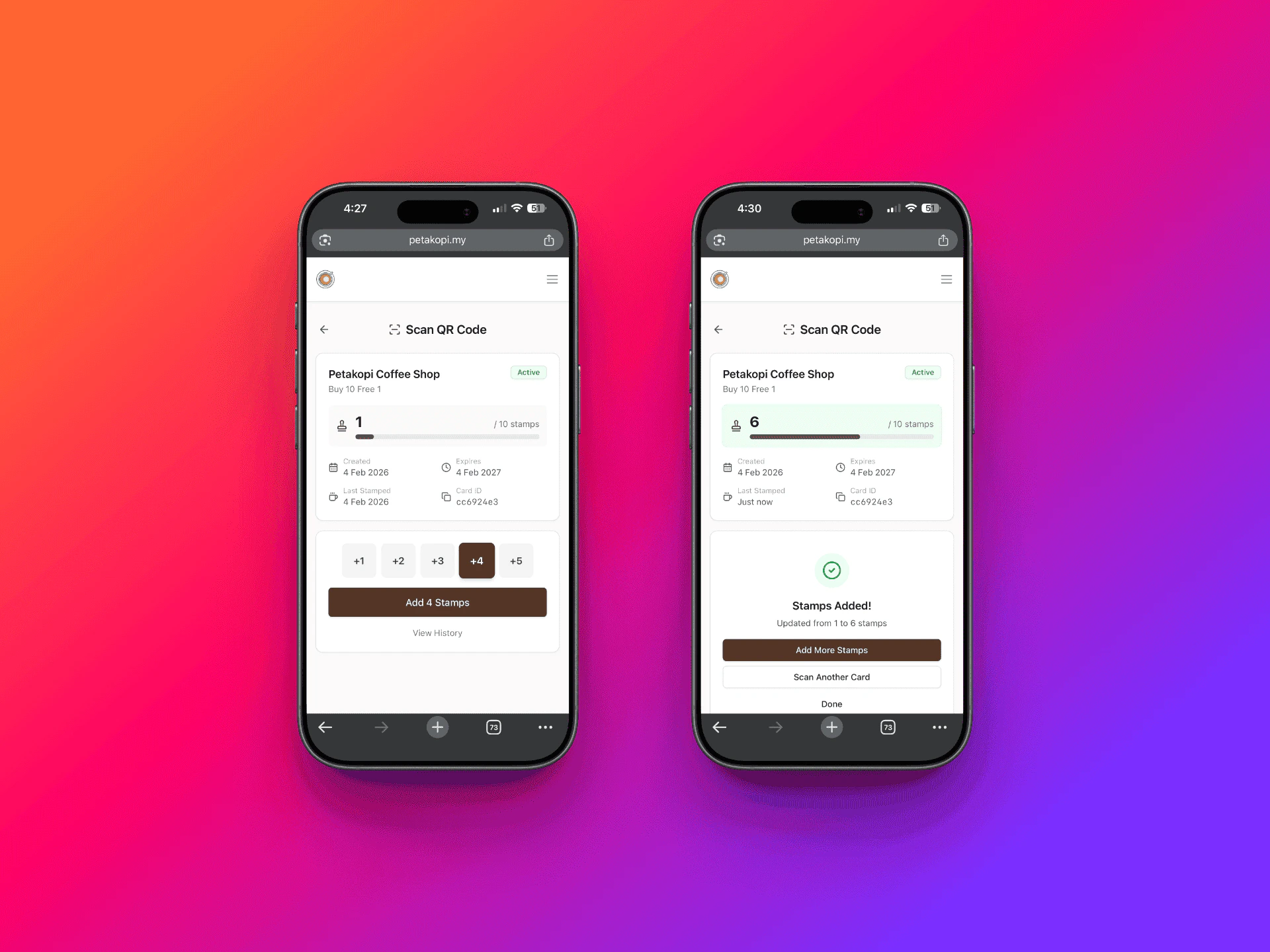 Loyalty card details with stamp selector and Stamps Added confirmation