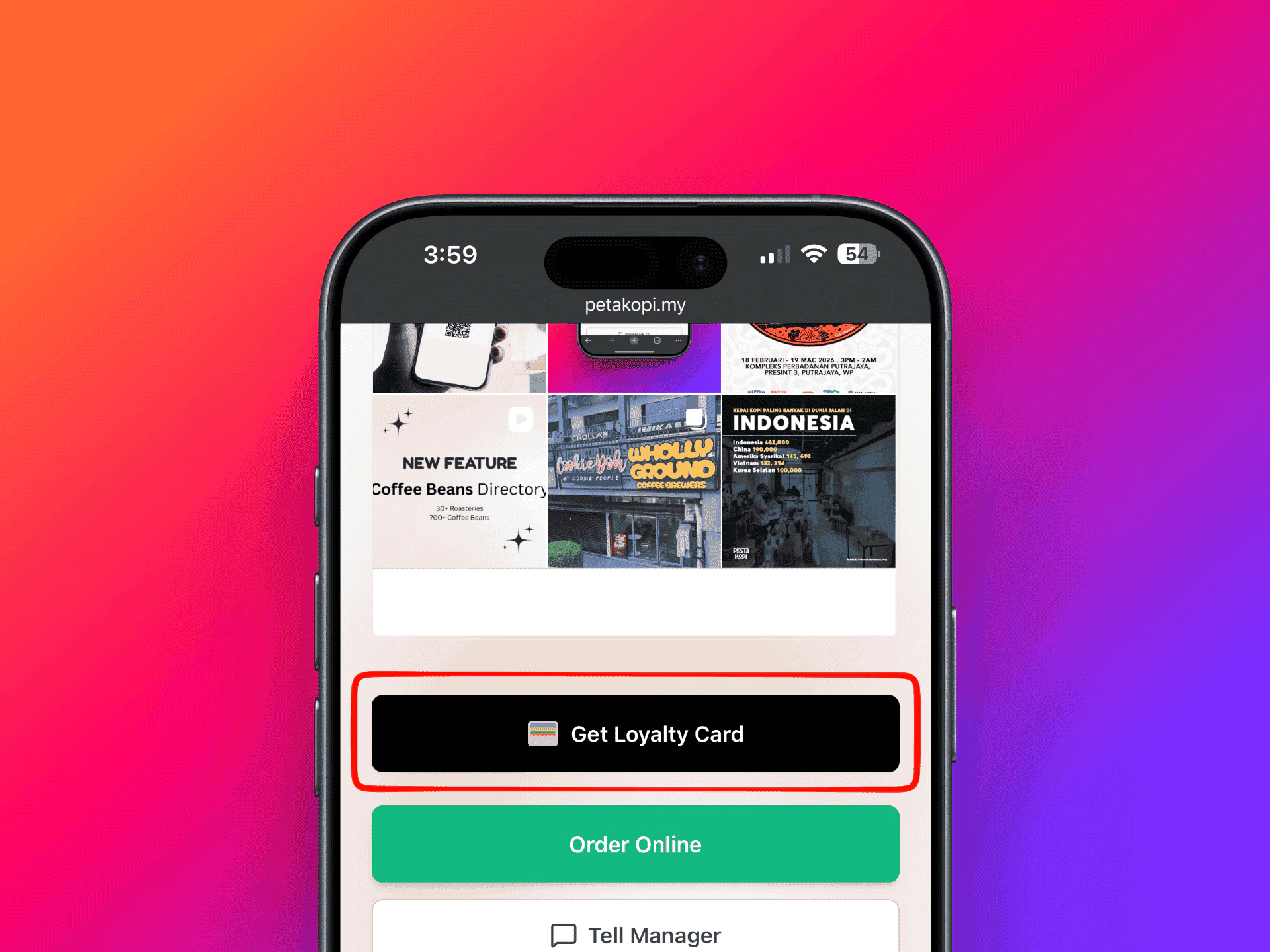 Get Loyalty Card button shown on a coffee shop page