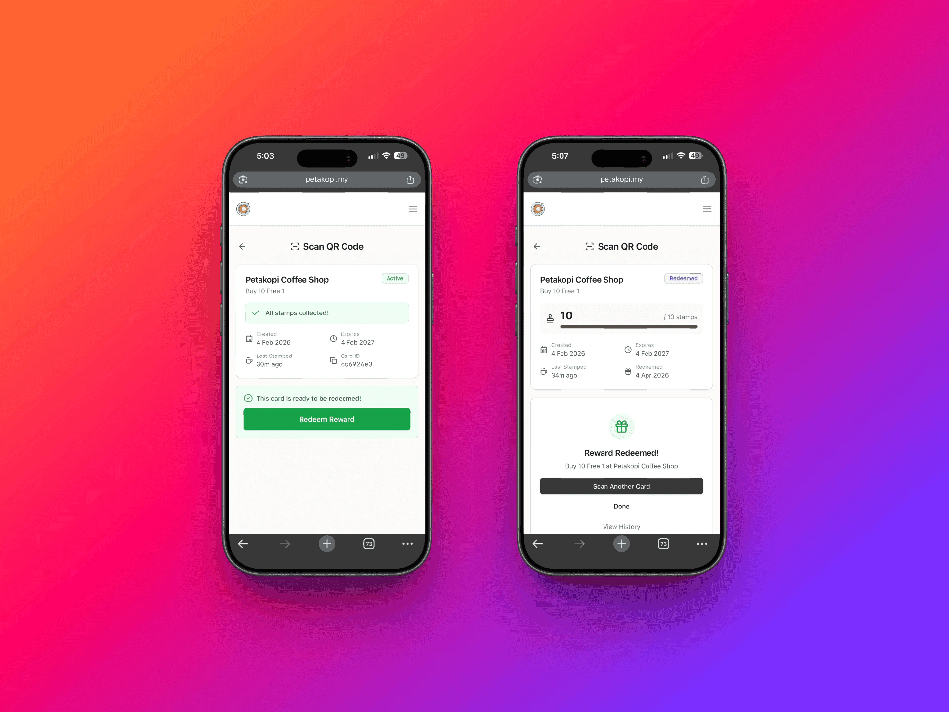 Card ready to redeem and reward redeemed confirmation