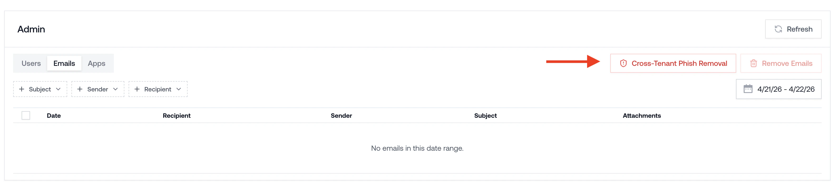 TODO: replace with screenshot of the tenant Admin > Email tab showing subject filter, multi-selected emails, and the Delete button