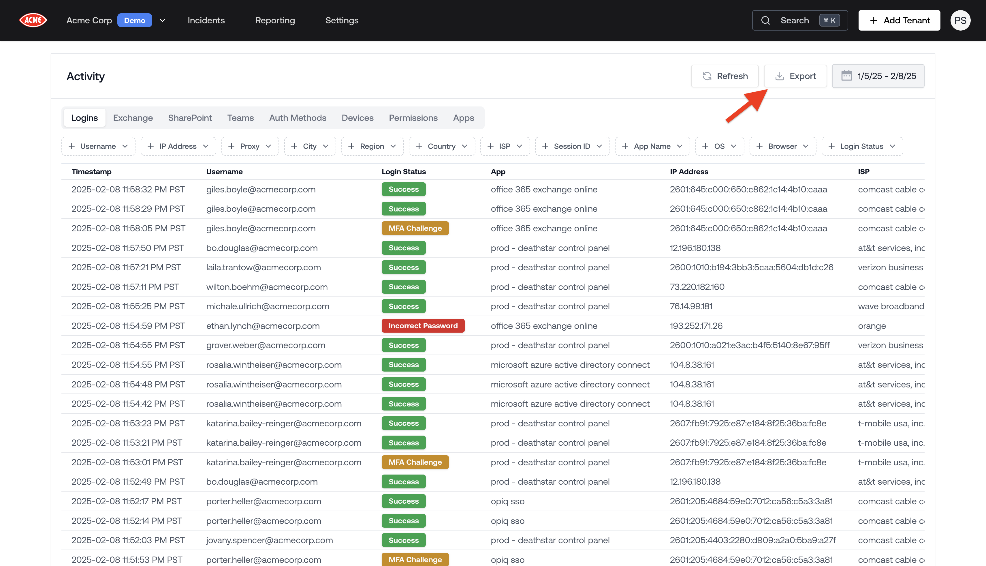 Tenant Logs Excel Export