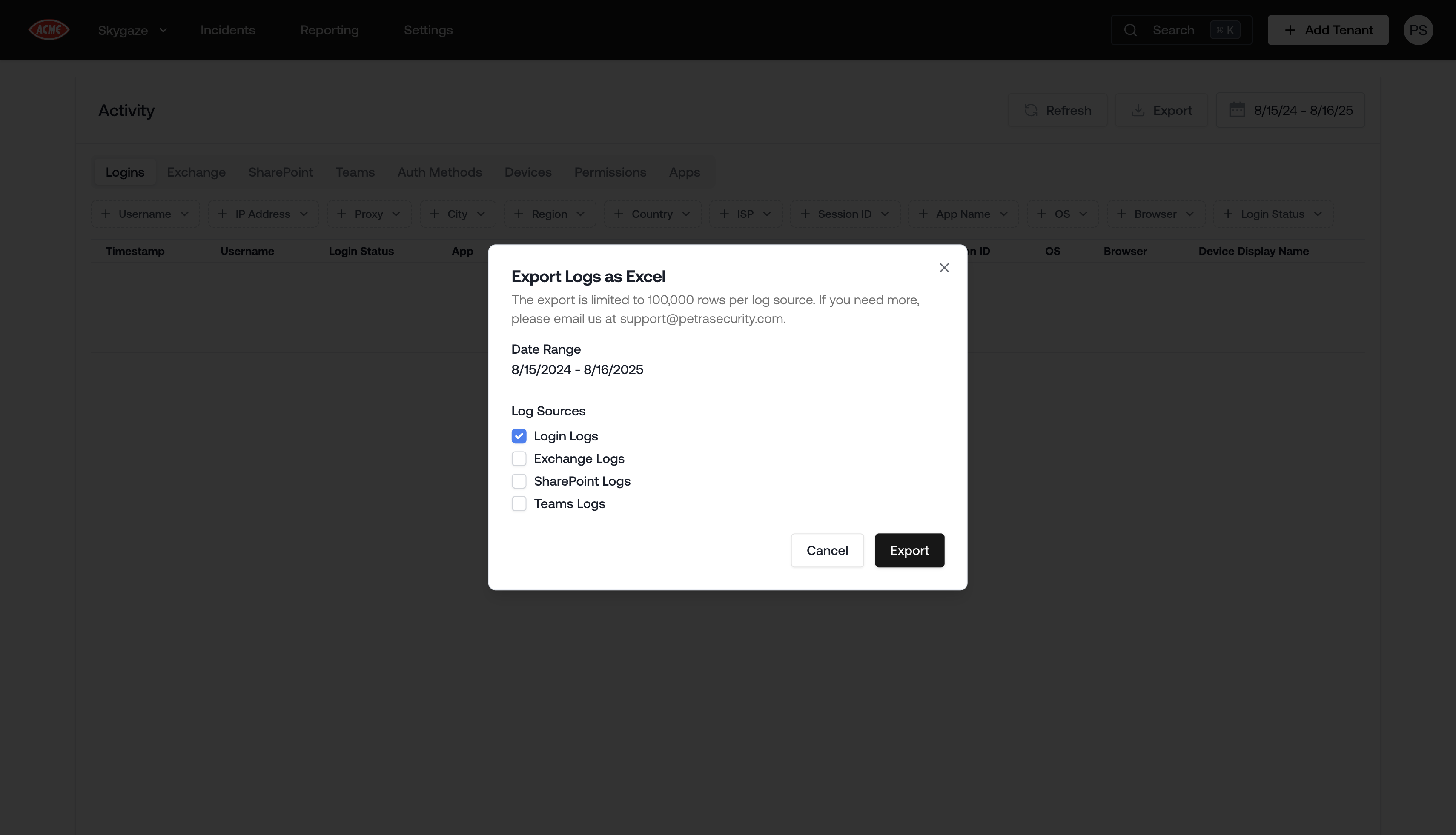 Tenant Logs Excel Export