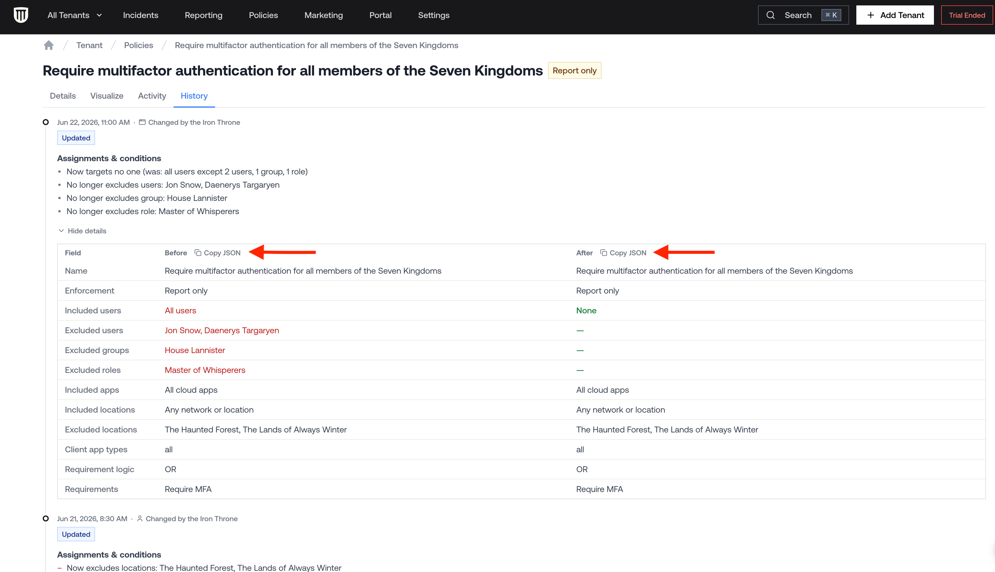 Version History for Conditional Access Policies - Copy Details