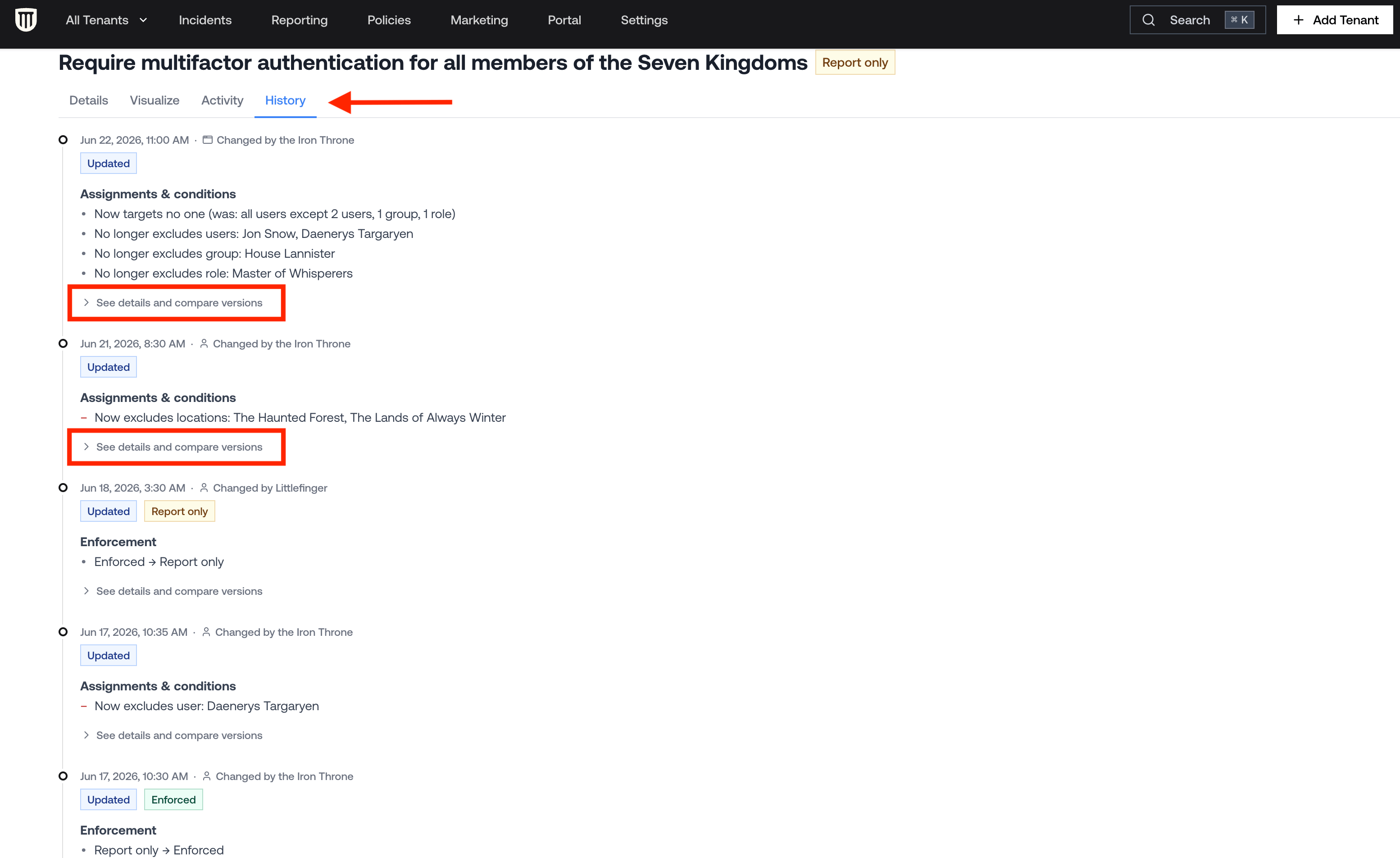 Version History for Conditional Access Policies - View Details