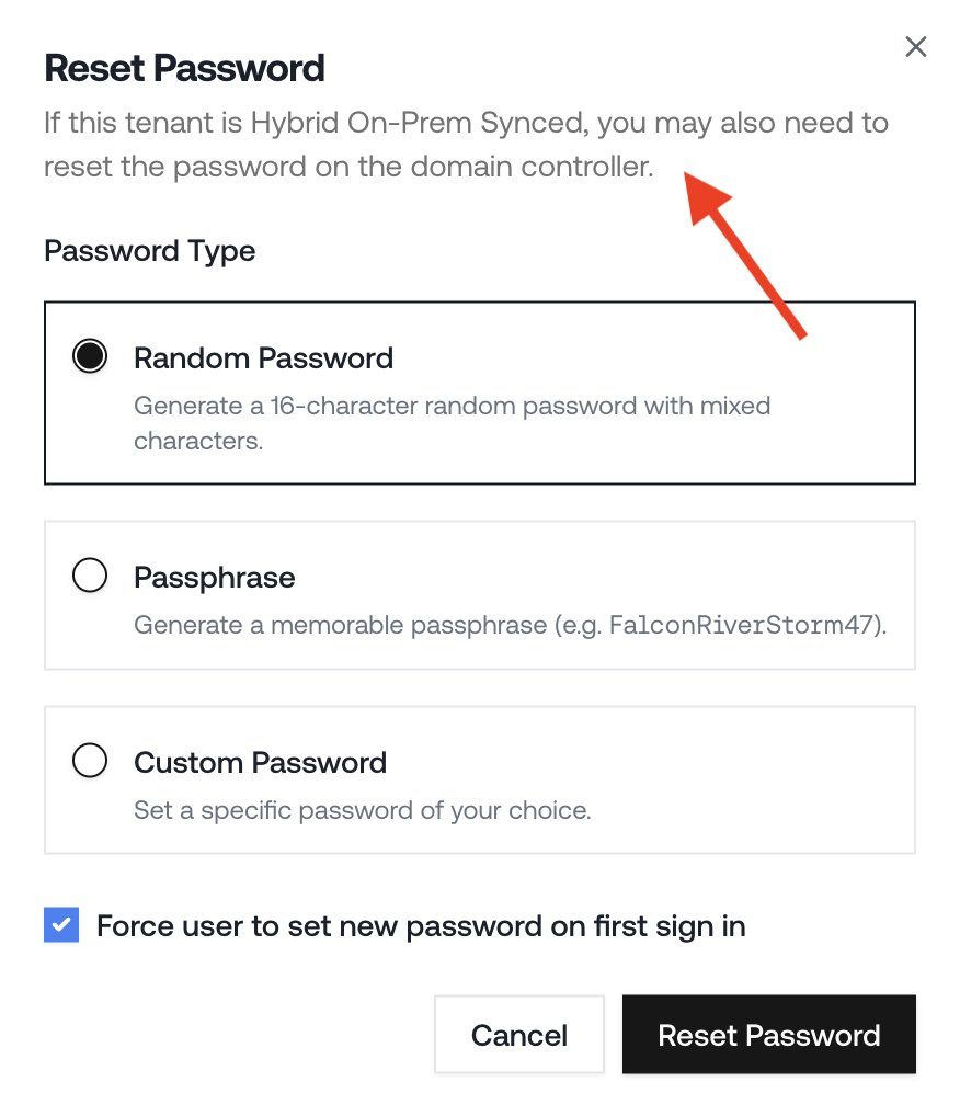 Reset Password dialog warning that hybrid on-prem synced tenants may also need a password reset on the domain controller