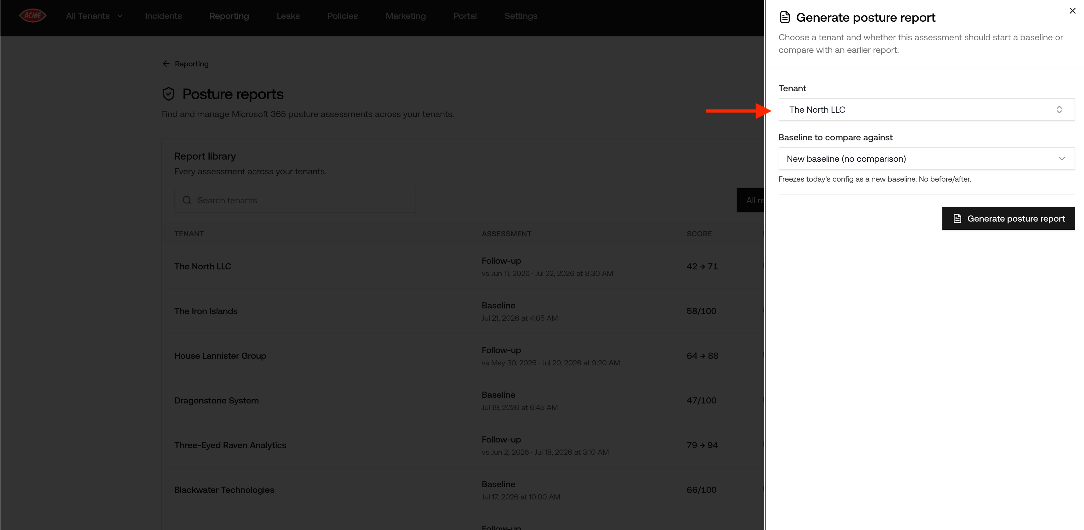The Generate posture report panel with a tenant selected and Baseline to compare against set to New baseline (no comparison)