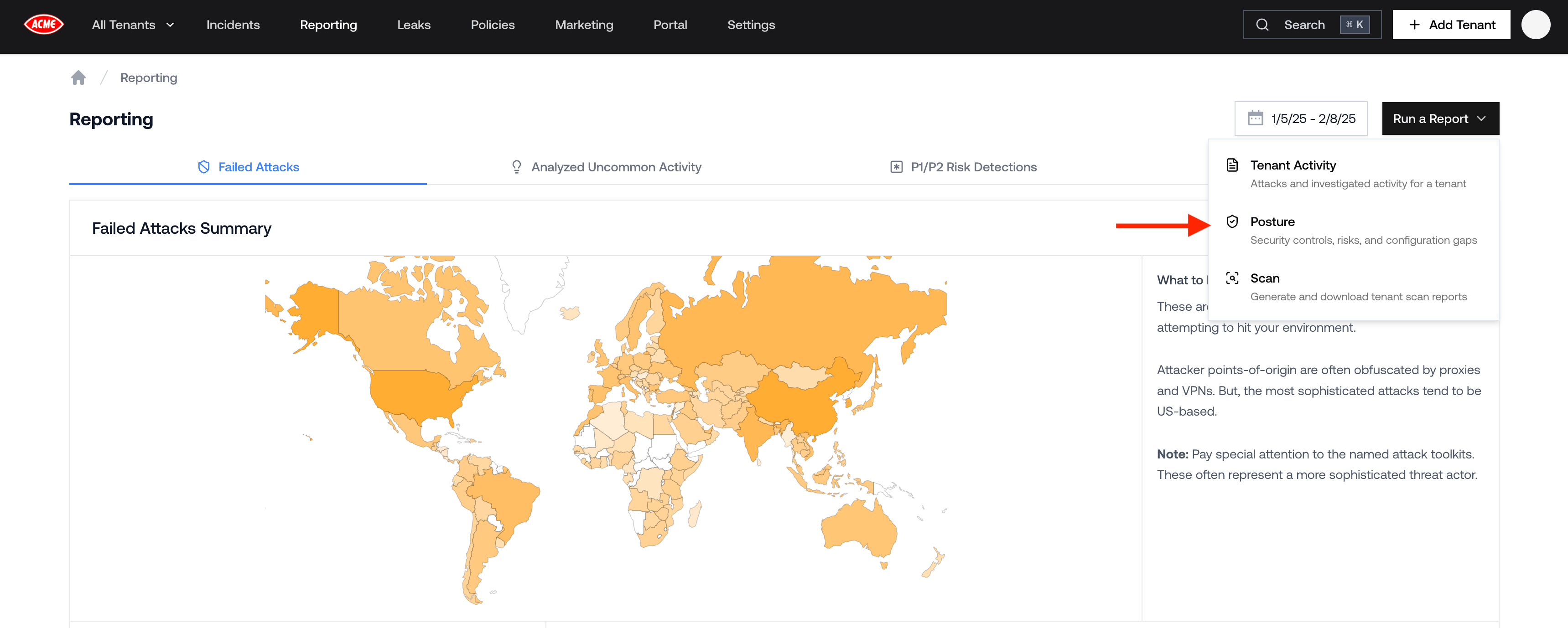 The Reporting page with the Run a Report dropdown open, showing Tenant Activity, Posture, and Scan