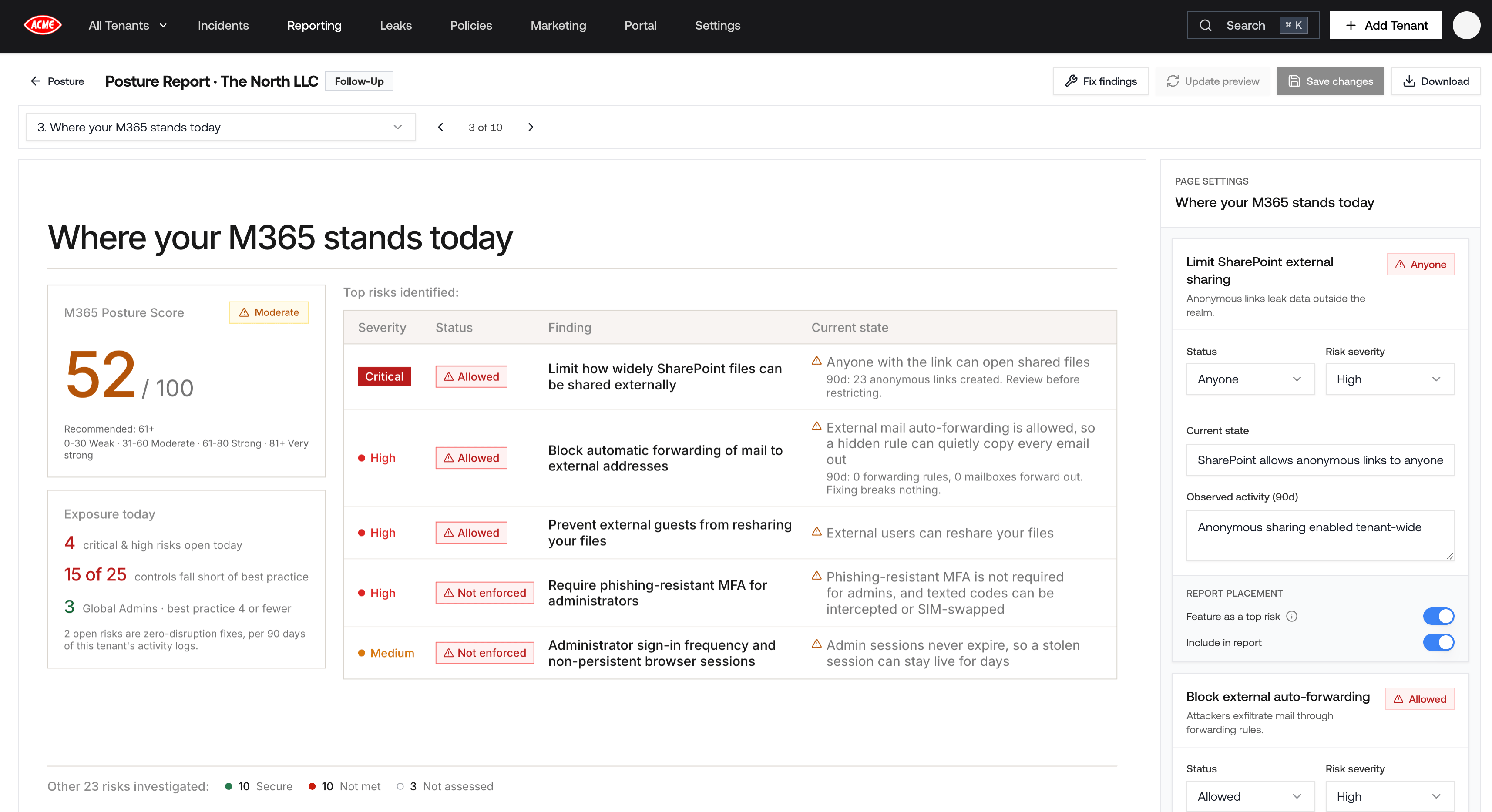 The Posture Report editor with the PDF page preview on the left and the Page settings panel for a finding on the right
