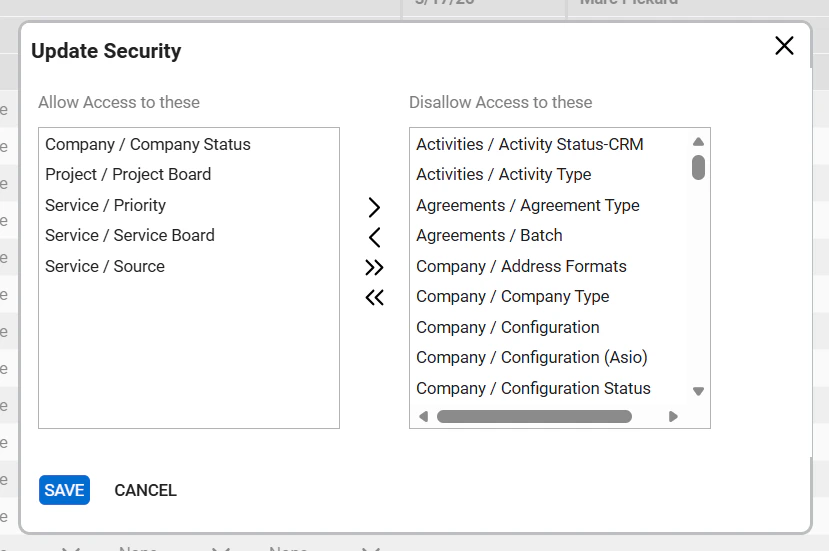 ConnectWise Table Setup customize dialog showing the Allow list on the left and Disallow list on the right