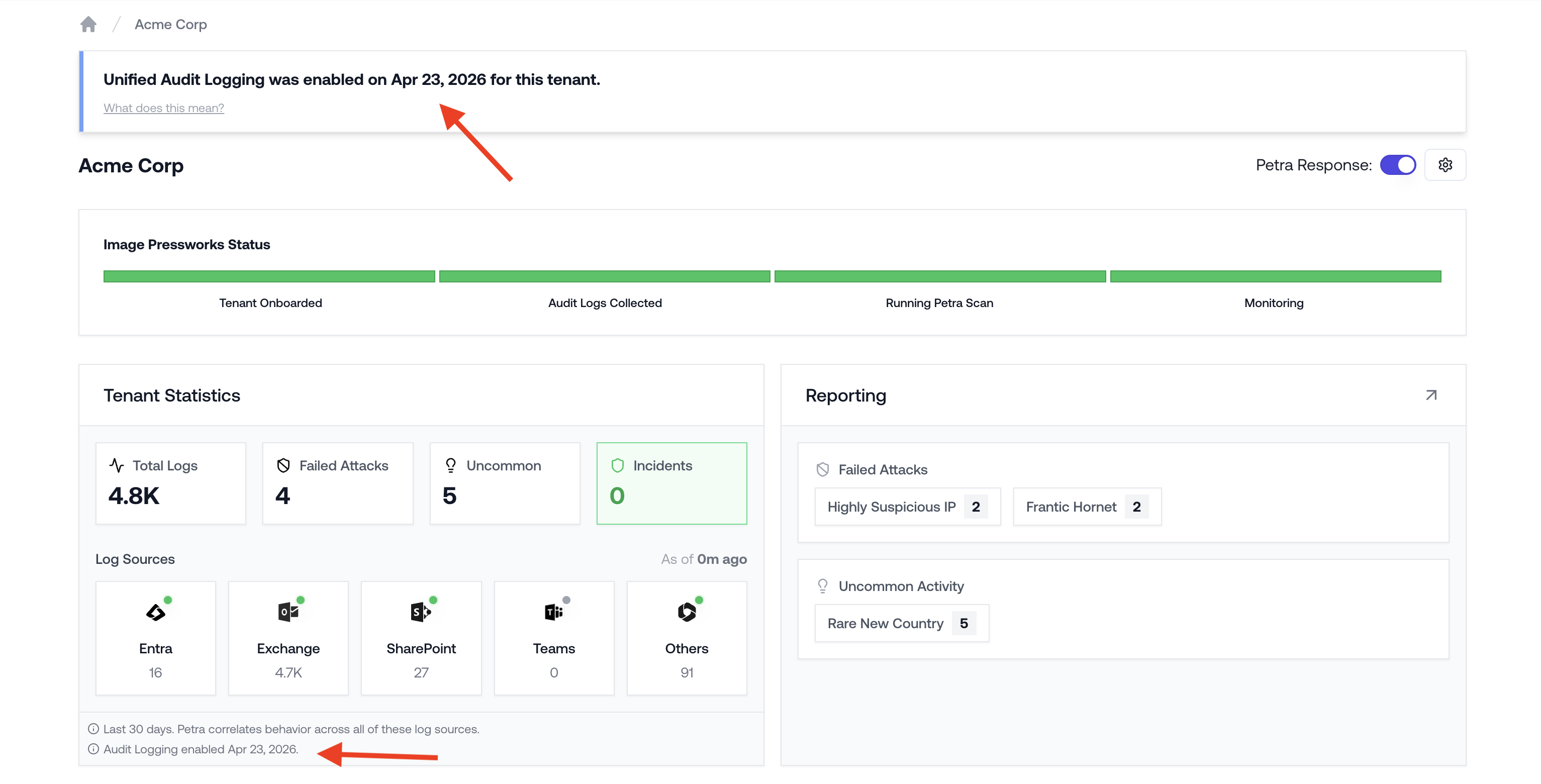 Tenant page showing the recently-enabled audit logs banner and the Audit Logging enabled date in Tenant Statistics