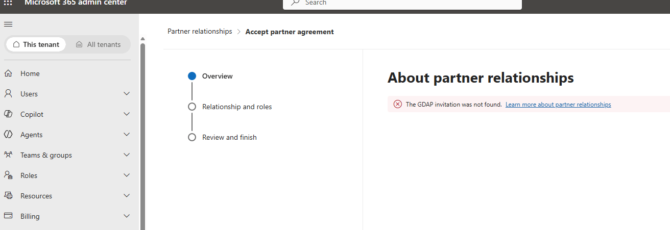 Microsoft Partner Center Accept partner agreement page showing The GDAP invitation was not found error