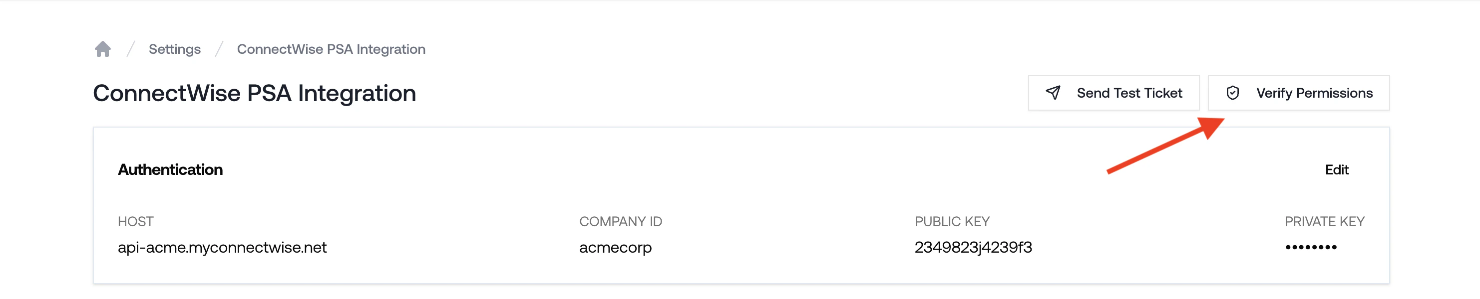 Petra ConnectWise integration page highlighting the Verify Permissions button