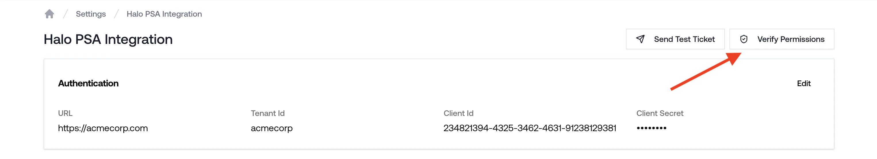Petra Halo PSA integration page highlighting the Verify Permissions button