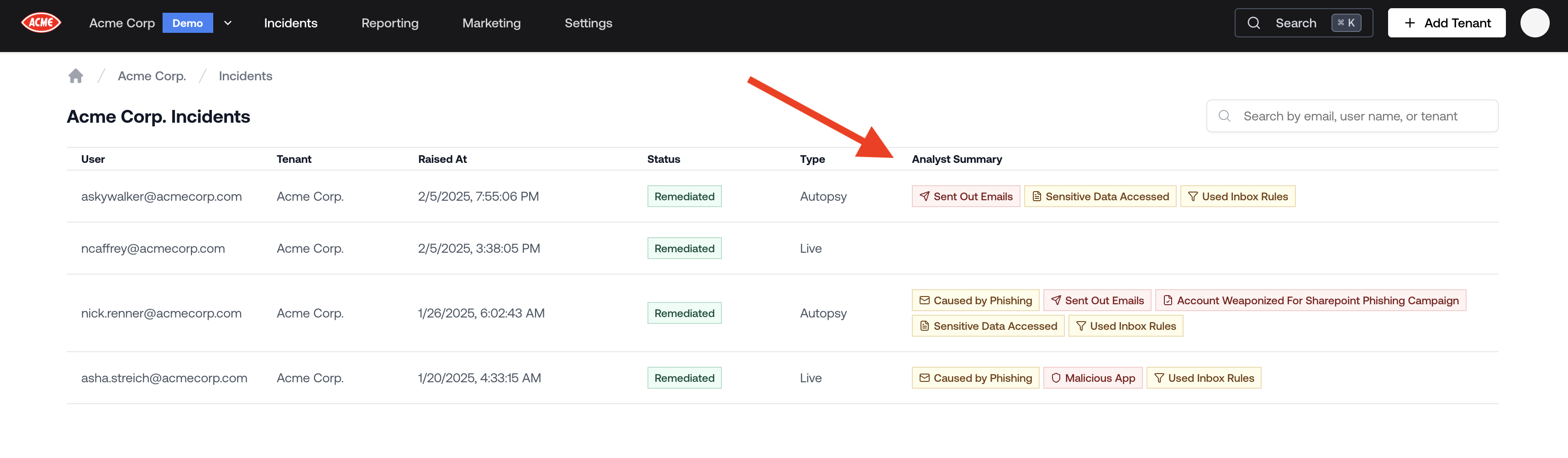 Analyst Summary in the Incidents List