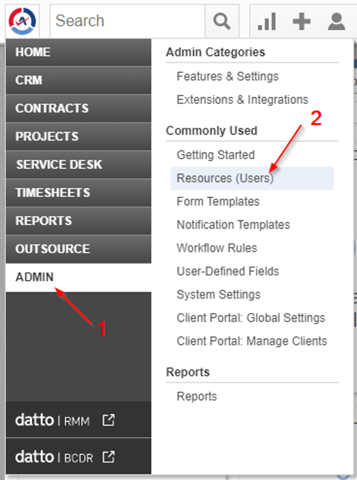 Autotask navigation showing Admin and Resources (Users)