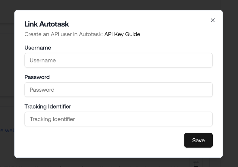 Petra modal for linking Autotask credentials