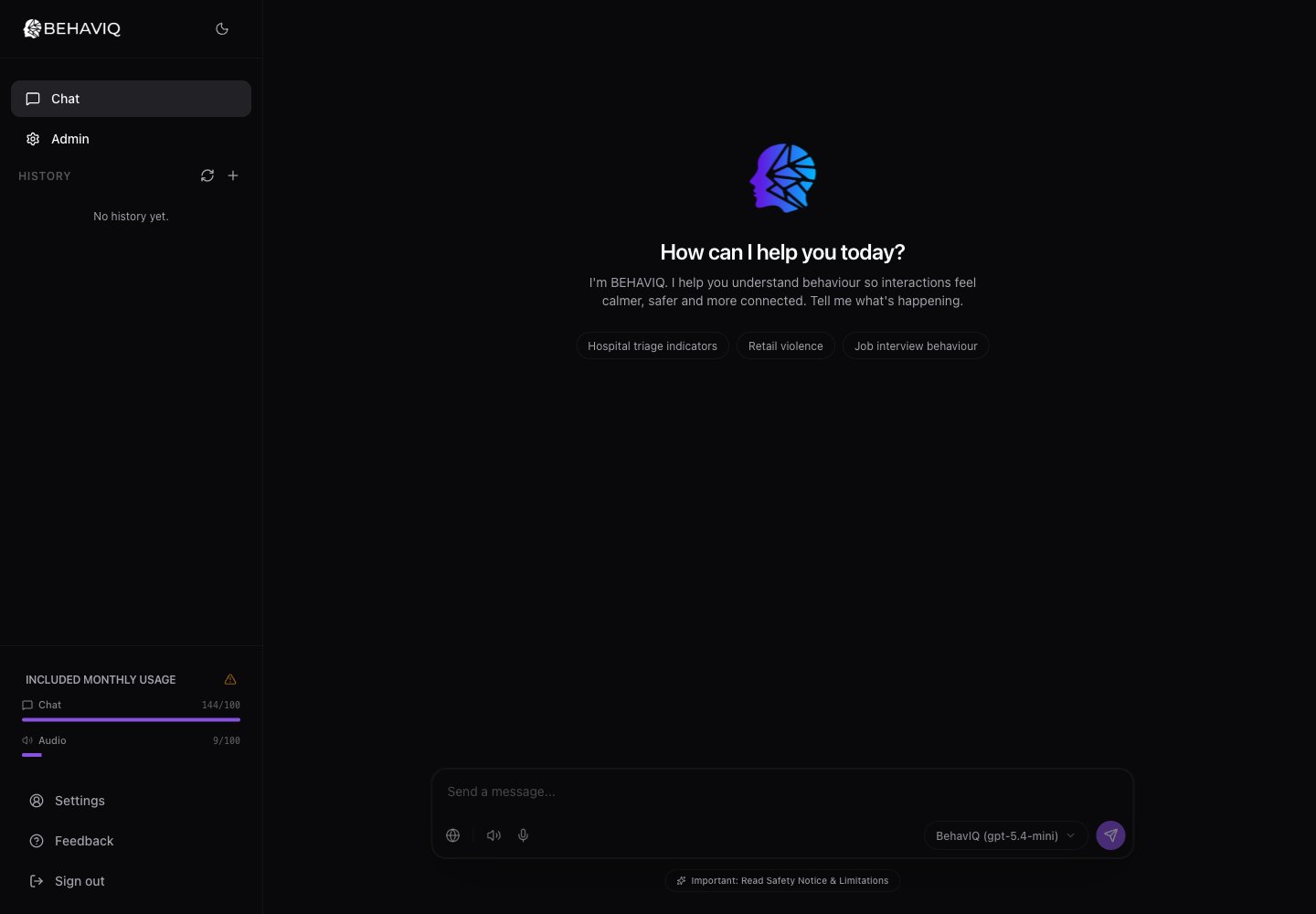 The BehavIQ chat page with the conversation list, message box, bot picker, and usage panel.