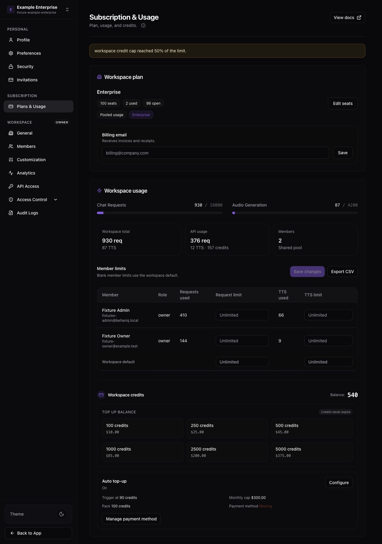 The BehavIQ Enterprise billing page showing pooled usage, member limits, and enterprise controls.