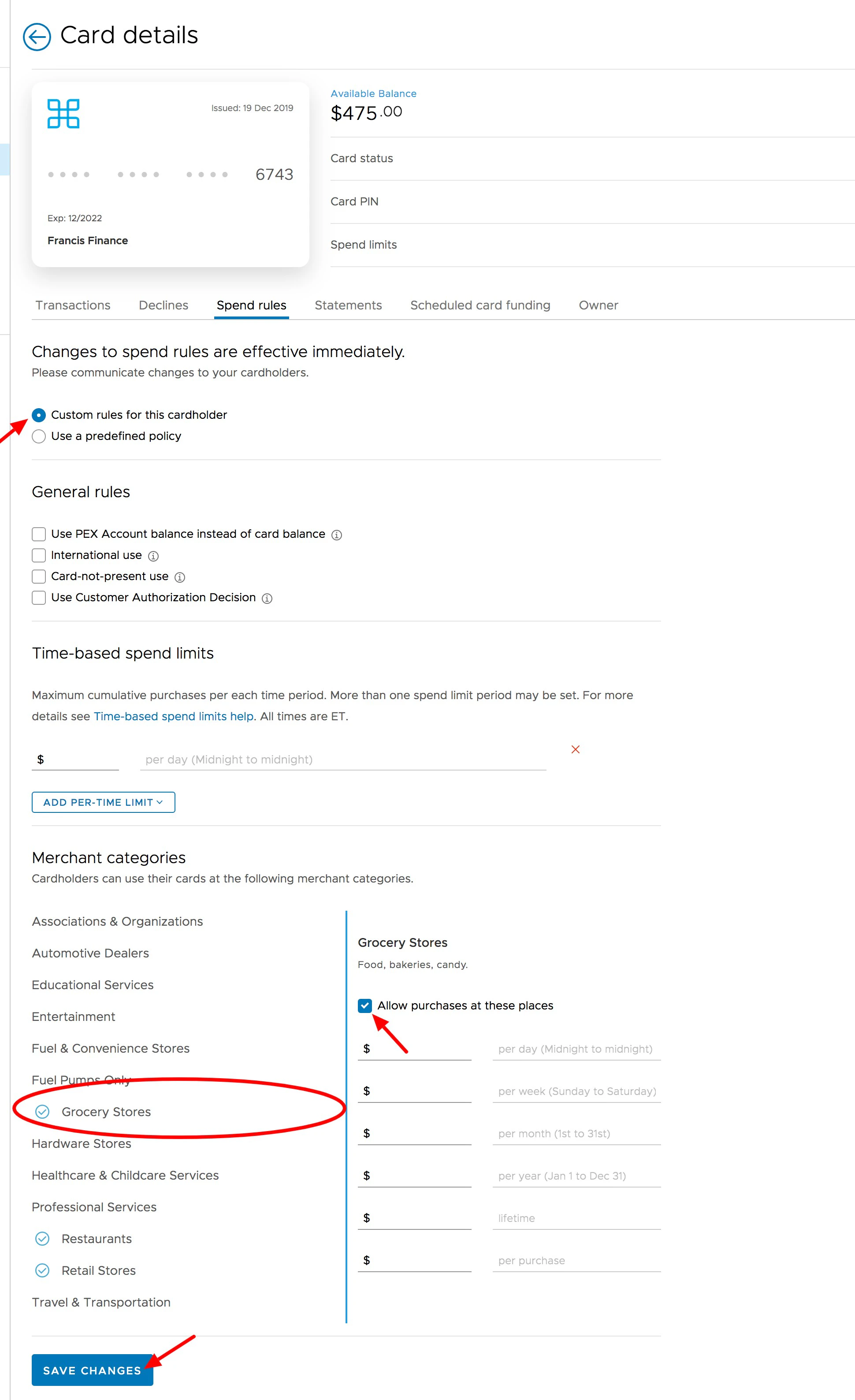 PEX: Setting Spend Rules for a Card