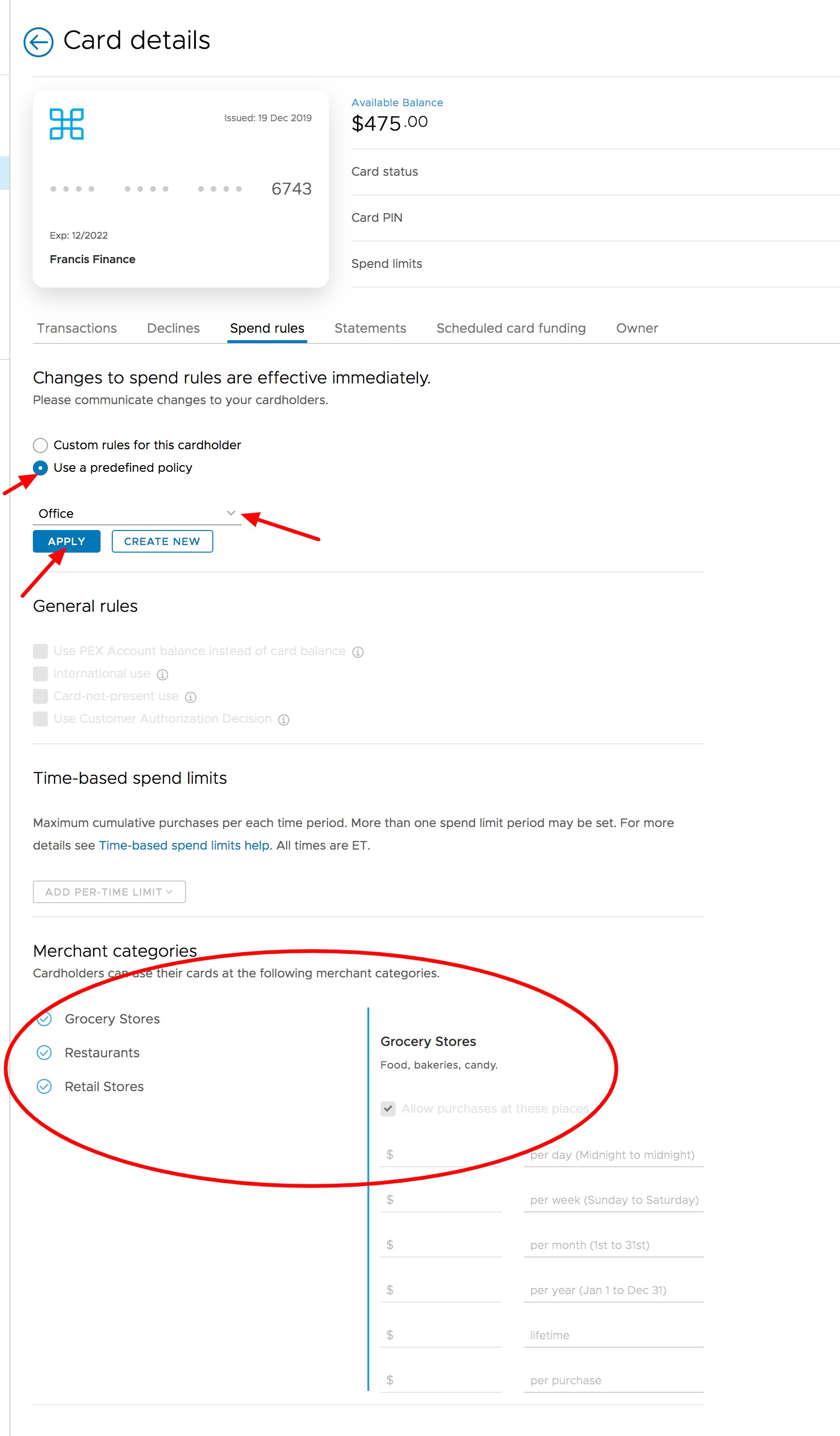 PEX: Setting Spend Rules for a Card