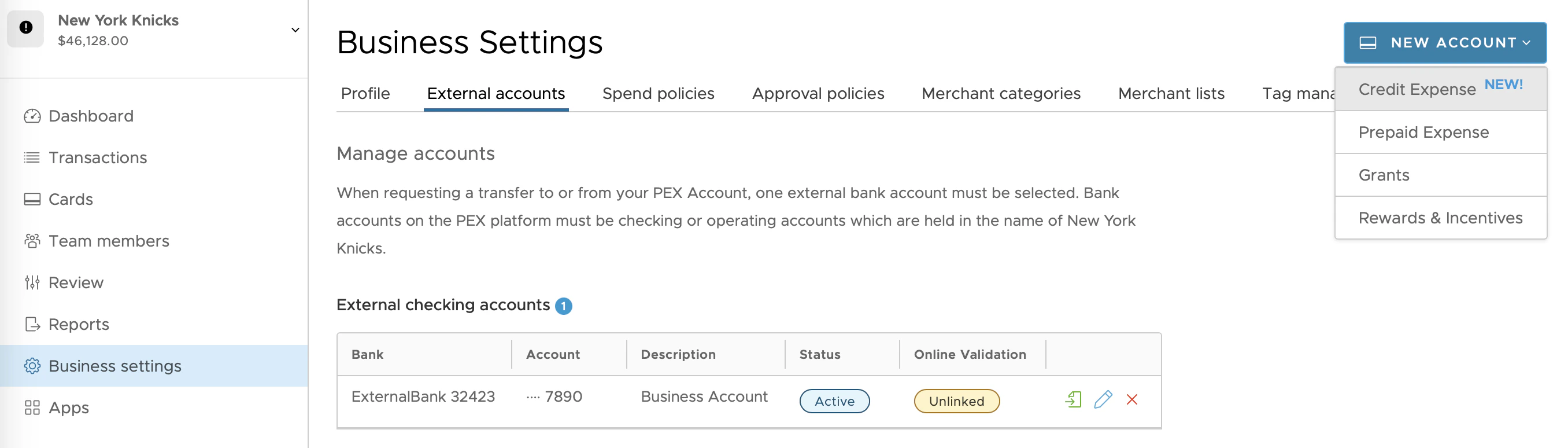 New account button on Business Settings screen