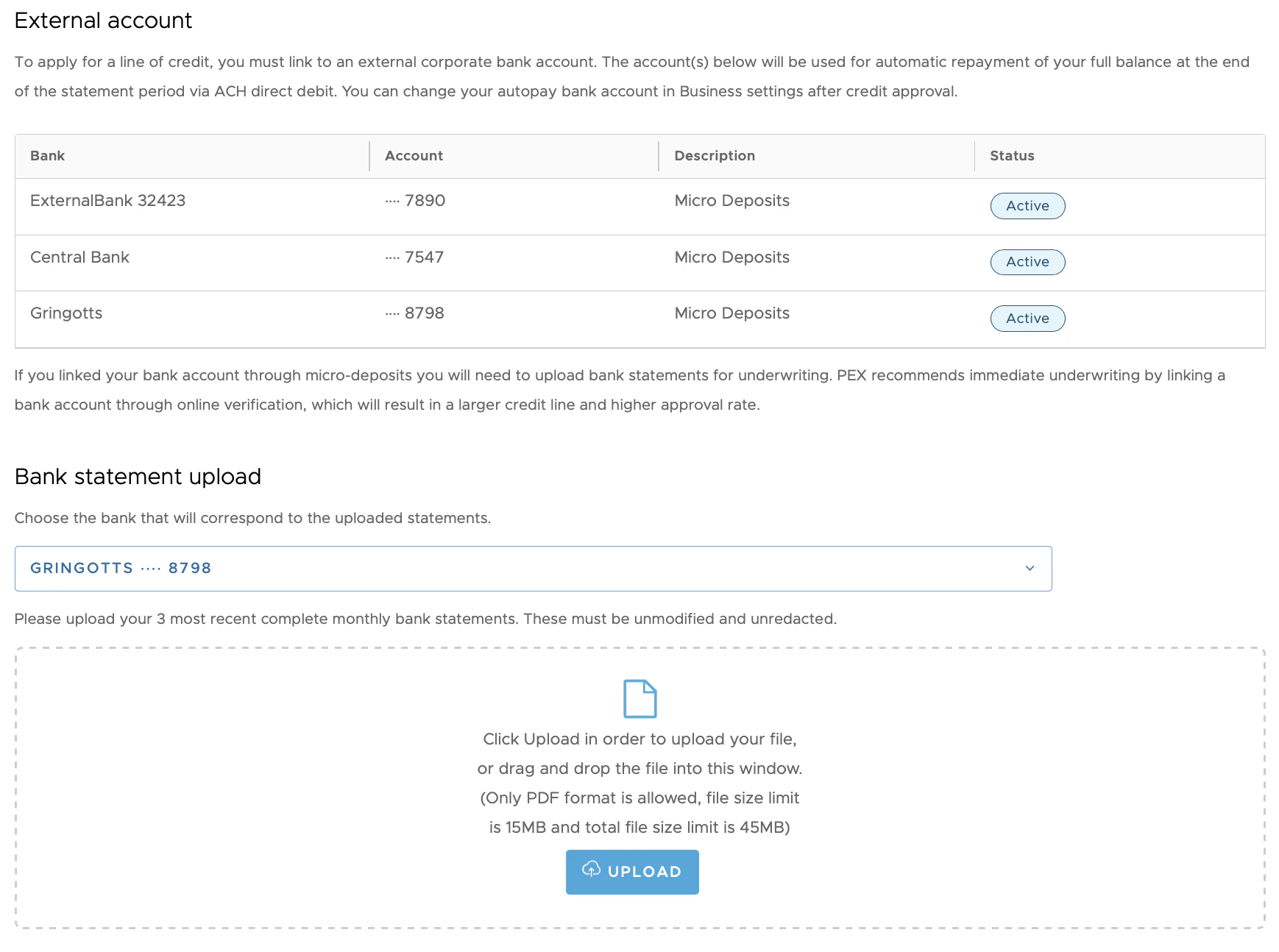 PDF bank statement upload screen