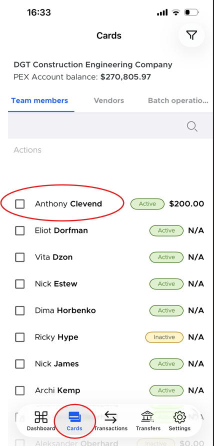 Cards list with a cardholder name highlighted