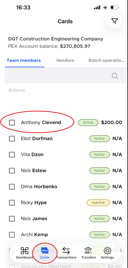 Cards list with a cardholder name highlighted