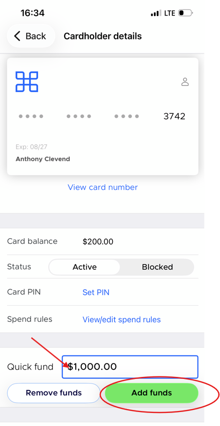 Cardholder details with an amount entered in the Quick fund box