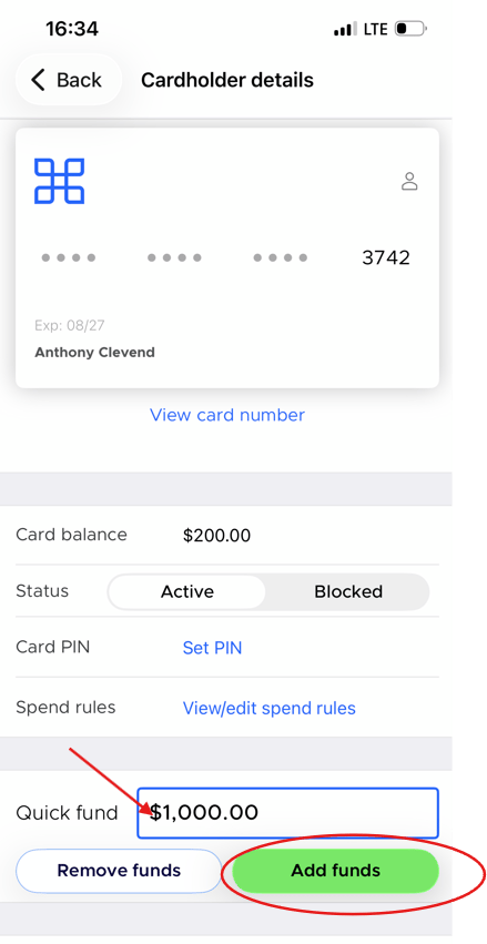 Cardholder details with an amount entered in the Quick fund box