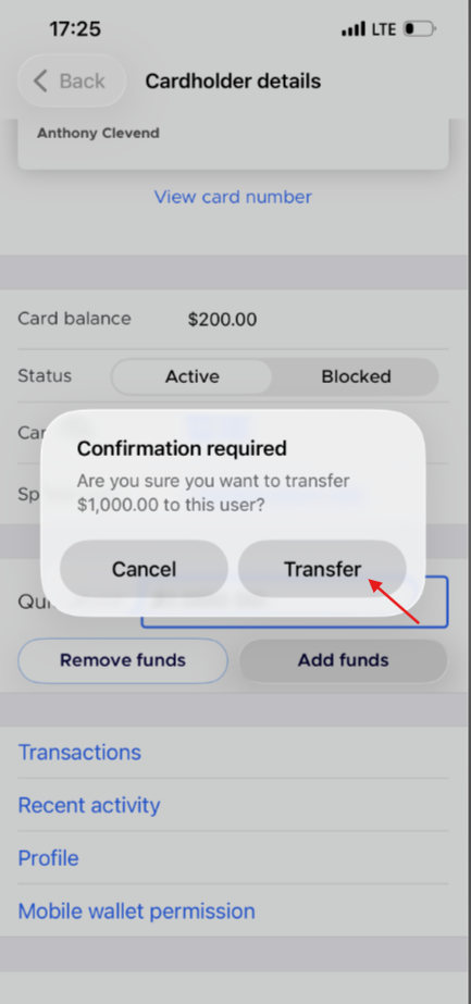 Confirmation dialogue with the Transfer button highlighted