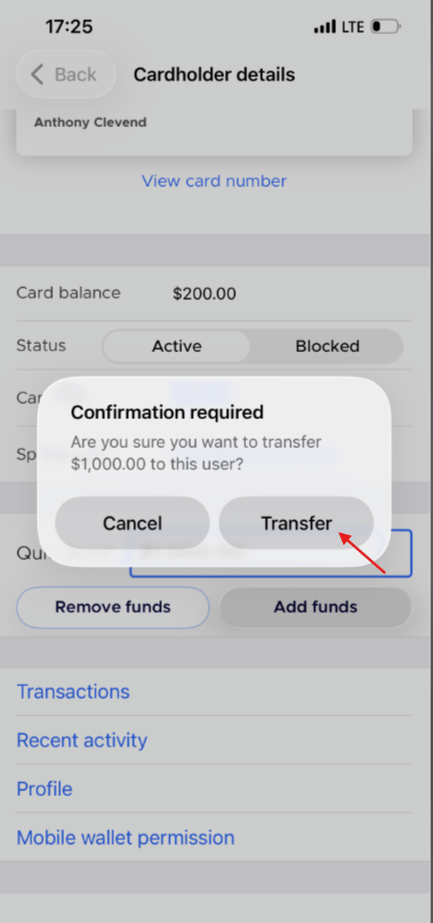 Confirmation dialogue with the Transfer button highlighted