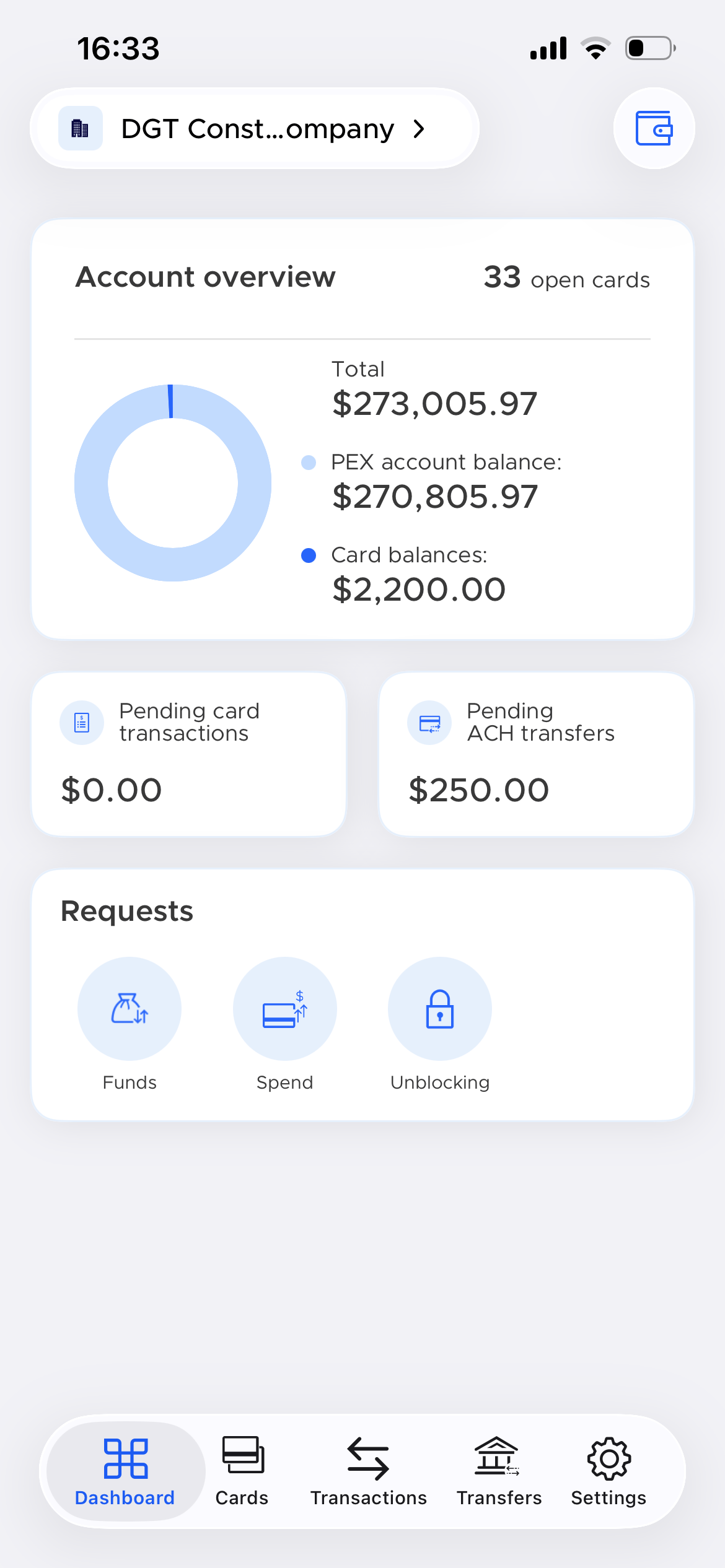 Mobile app dashboard showing the account overview