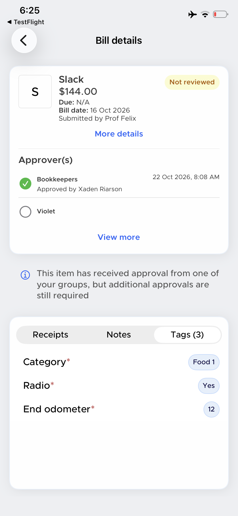 Bill details showing that one group approved the bill but additional approvals are still required