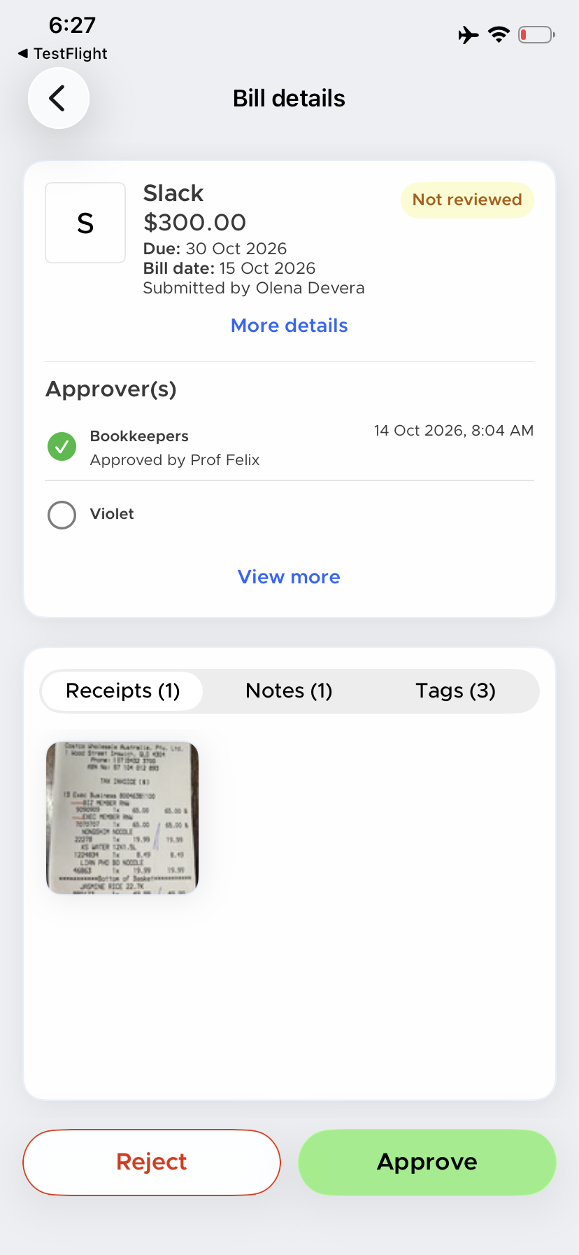 Bill details showing Receipts, Notes and Tags tabs and Reject and Approve buttons