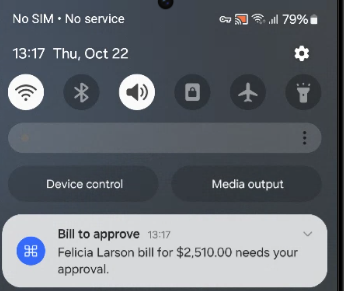 PEX mobile push notification titled Bill to approve for a bill waiting for approval