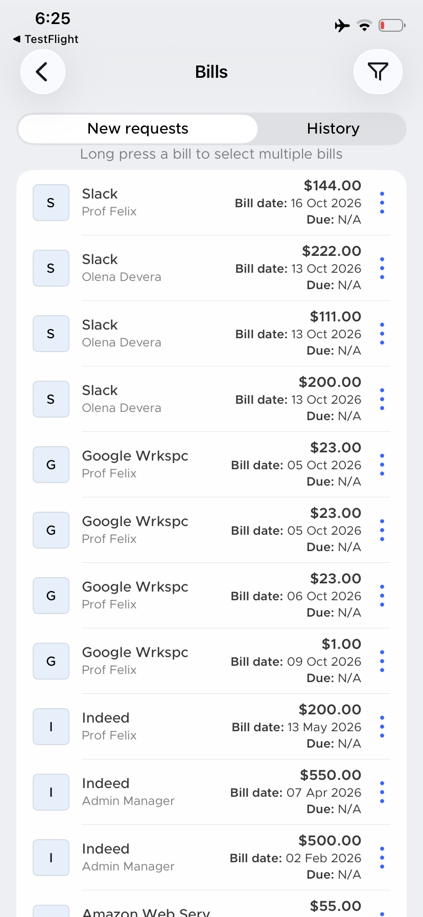 Bills page with New requests and History tabs, a long-press hint and bill rows showing Bill date and Due dates
